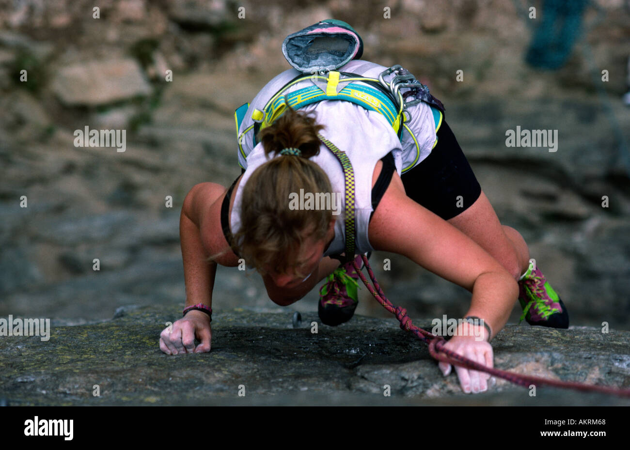 PICTURE CREDIT DOUG BLANE Woman rock climbing on a cliff in Chamonix Mont Blanc France Stock Photo