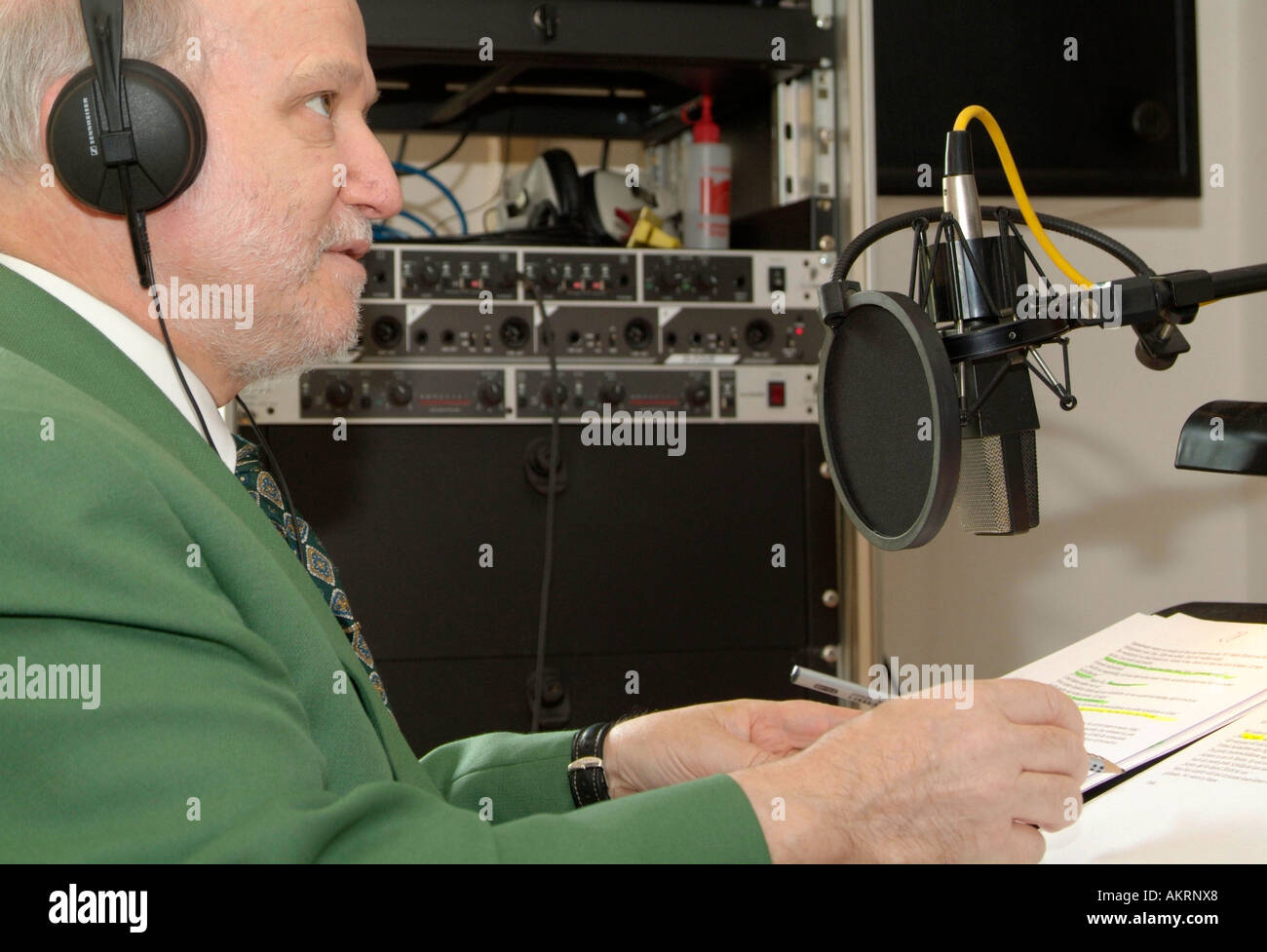 working in recording studio speaker reading for an audio book Stock