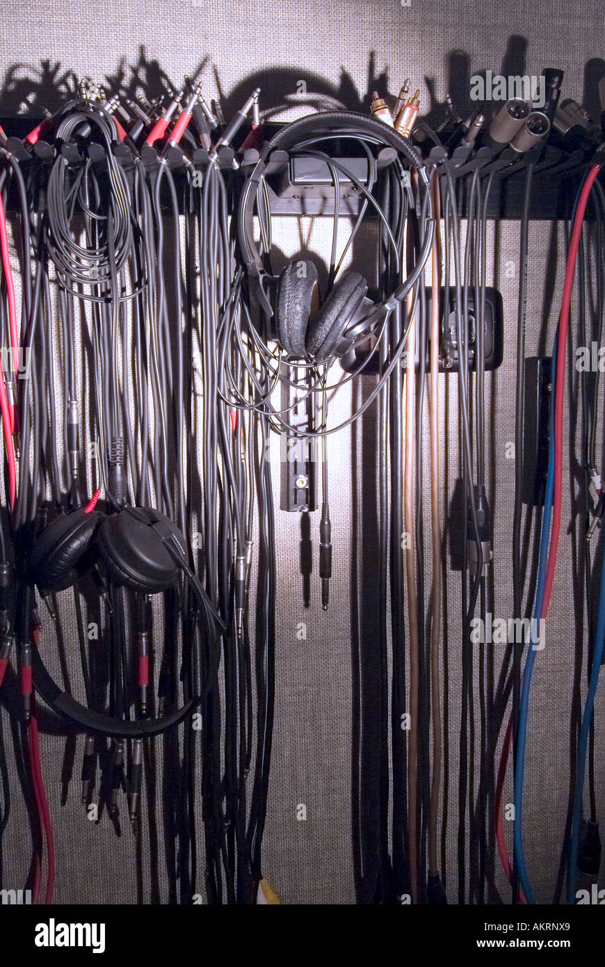 working in recording studio cinch plugs plugs connectors cables in a