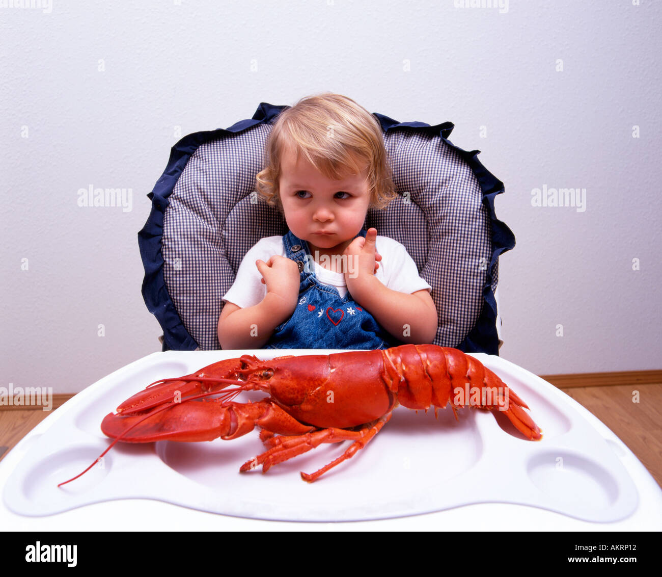 Toddler Sitting In Highchair With Lobster On Tray Stock Photo