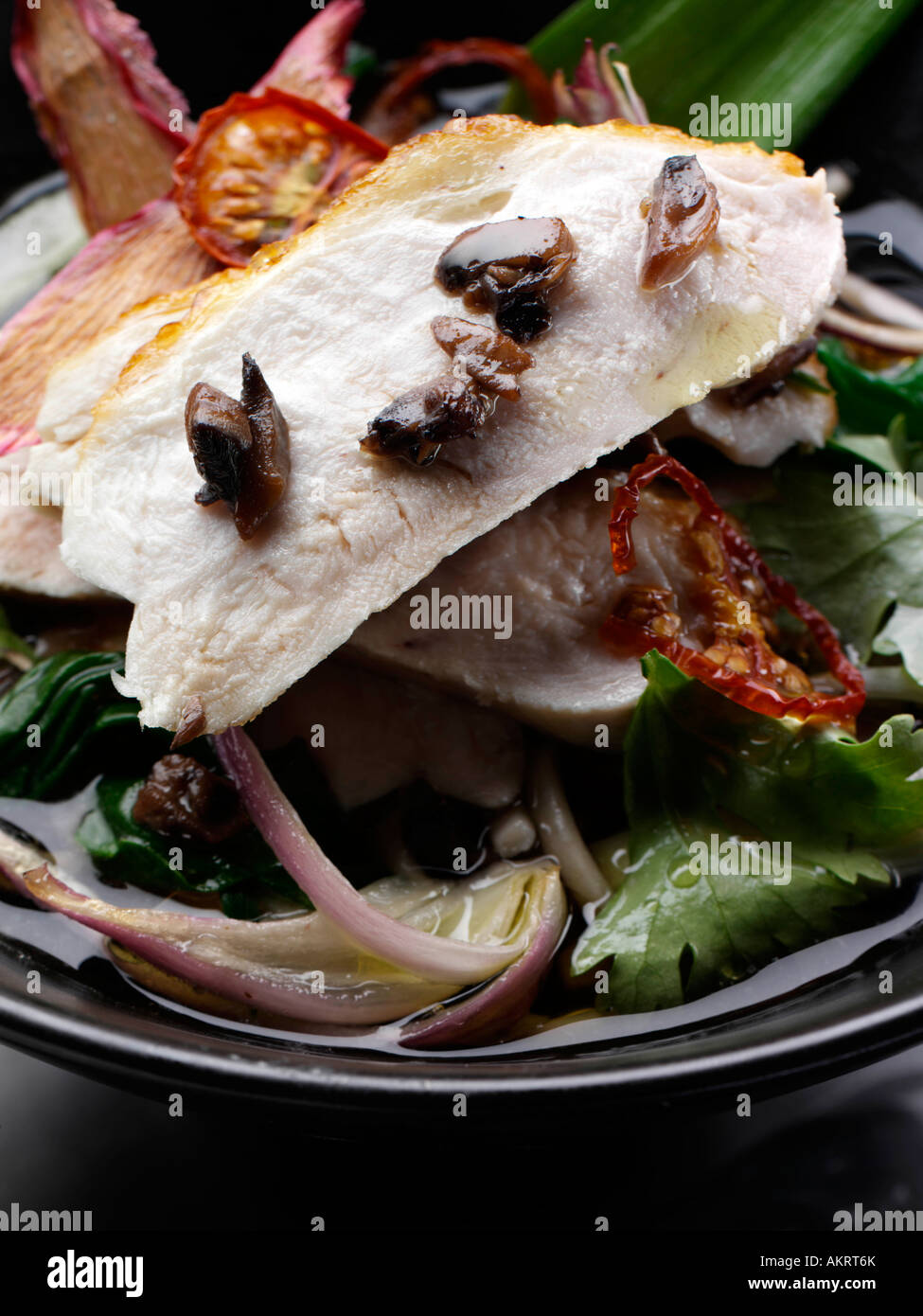 Seared chicken with soba and mushroom noodles in a green tea broth editorial food Stock Photo