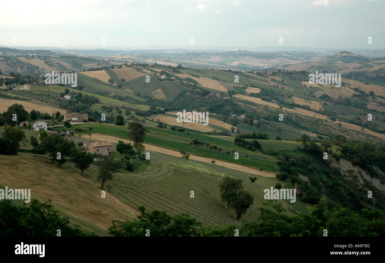 View of the surrounding countryside from the town of Sant Angelo in Pontano Marche Region Italy Stock Photo
