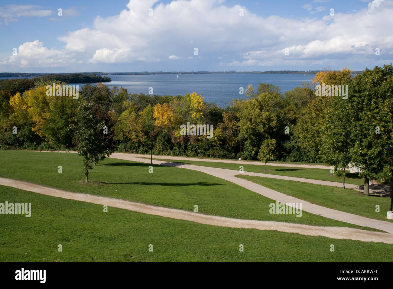 Fall sunny day on Lake Mendota Madison University of Wisconsin campus Stock Photo