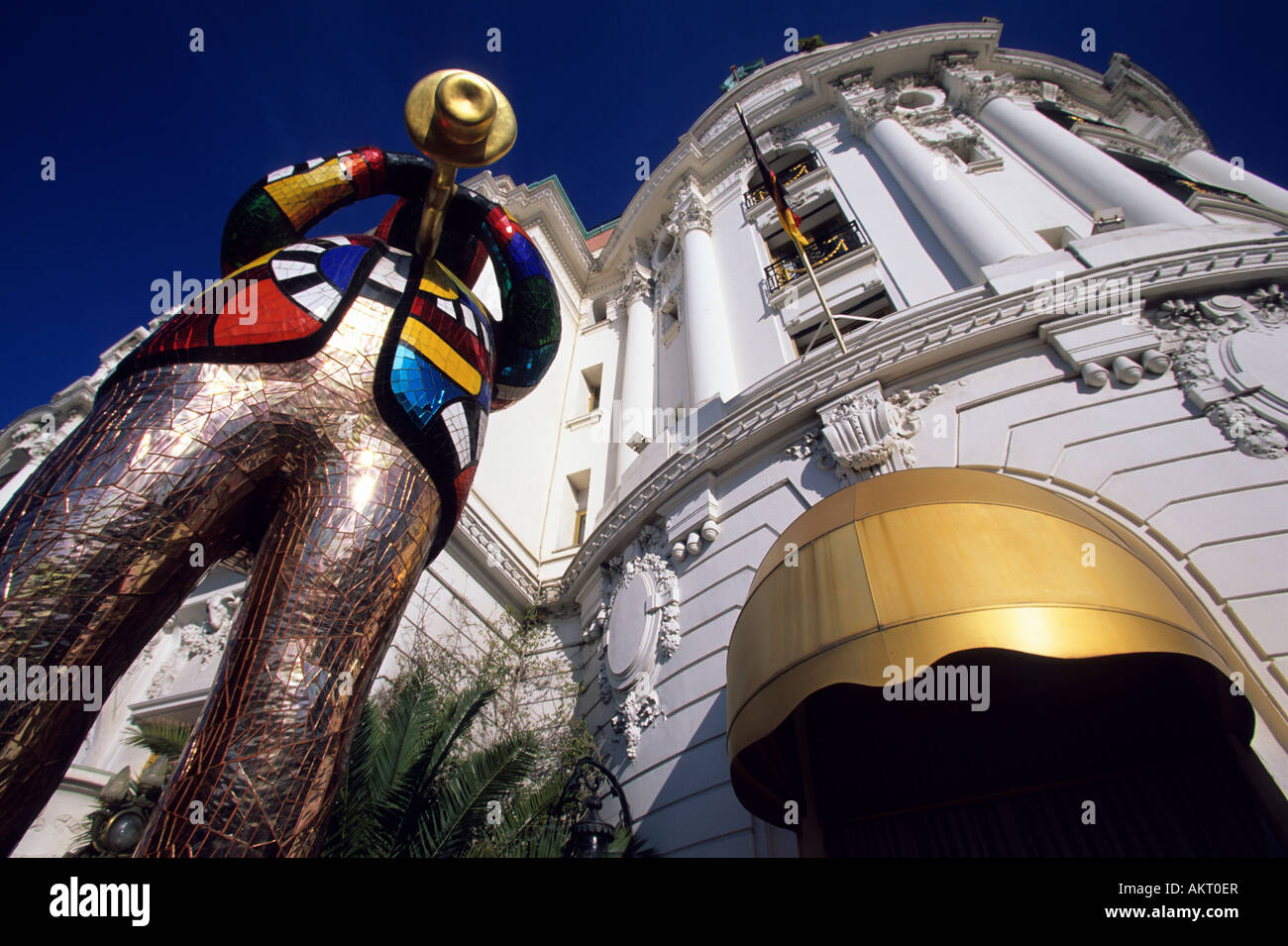 France, Alpes Maritimes, Nice, Miles Davis' sculpture by Niki de Saint Phalle in front of Hotel Negresco Stock Photo