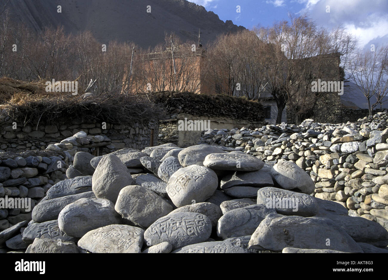 Mani stones in Kagbeni Annapurna trail Nepal Stock Photo