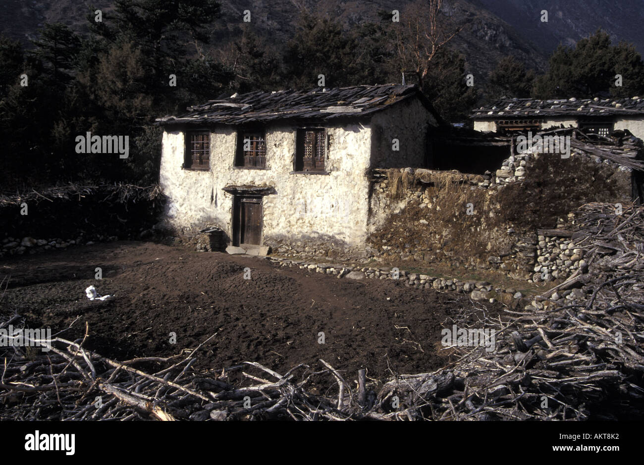 house and enclosed field Deboche Solu Khumbu Nepal Stock Photo