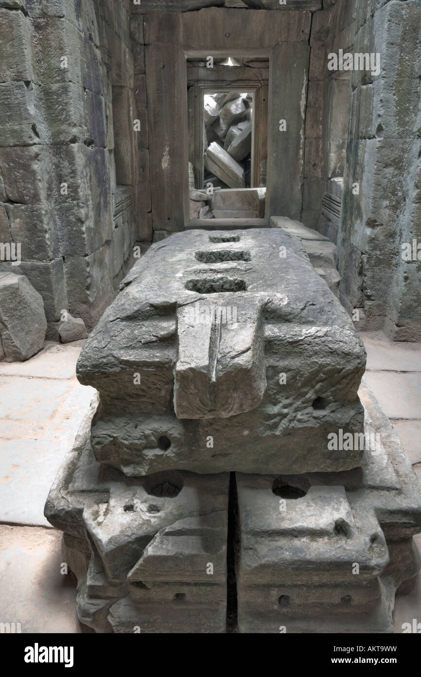 Stone pedestal for linga and water, Preah Khan, Angkor, Cambodia Stock Photo