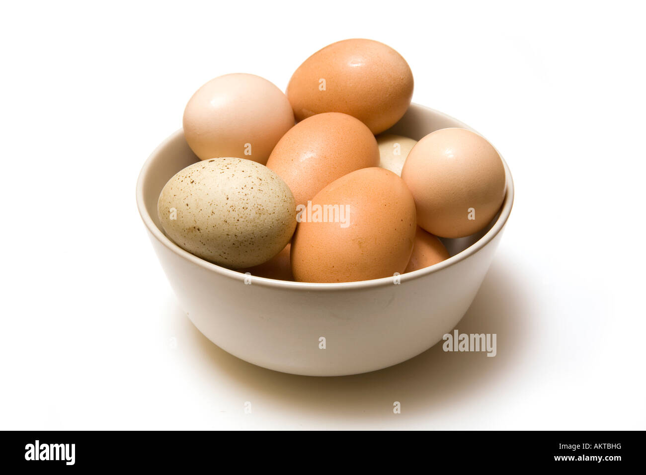 Bowl of mixed free range eggs isolated on a white studio background. Stock Photo