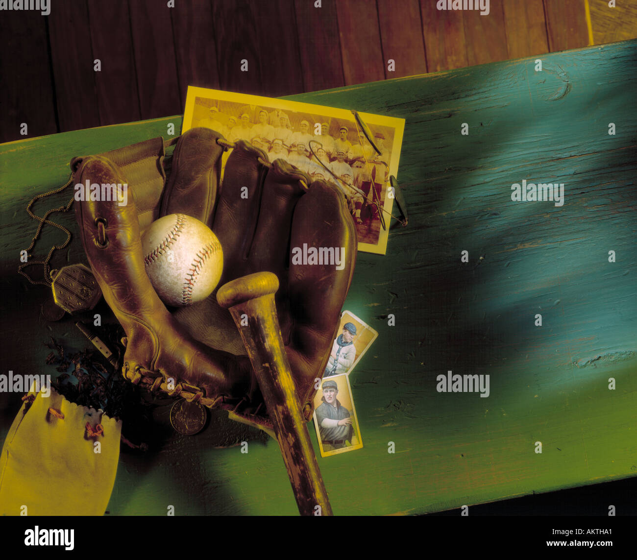 still life old time baseball glove bat ball antique trading cards