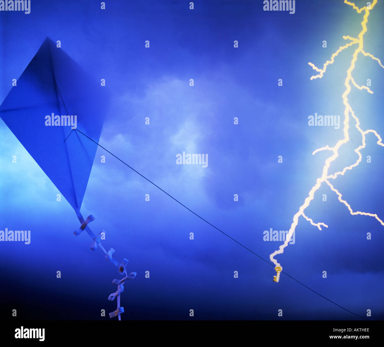 Still Life Kite Lightning Bolt Strikes Key Dark Blue Sky Stock Photo Alamy
