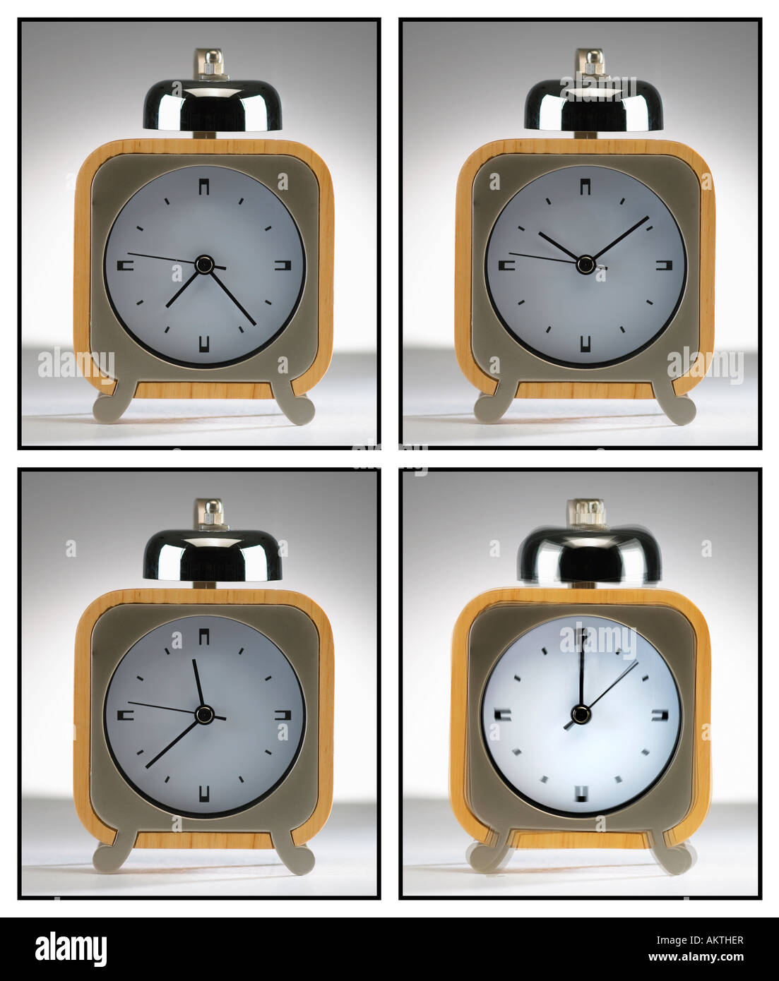 FOUR PICTURE SEQUENCE OF HANDS MOVING ON ALARM CLOCK Stock Photo Alamy