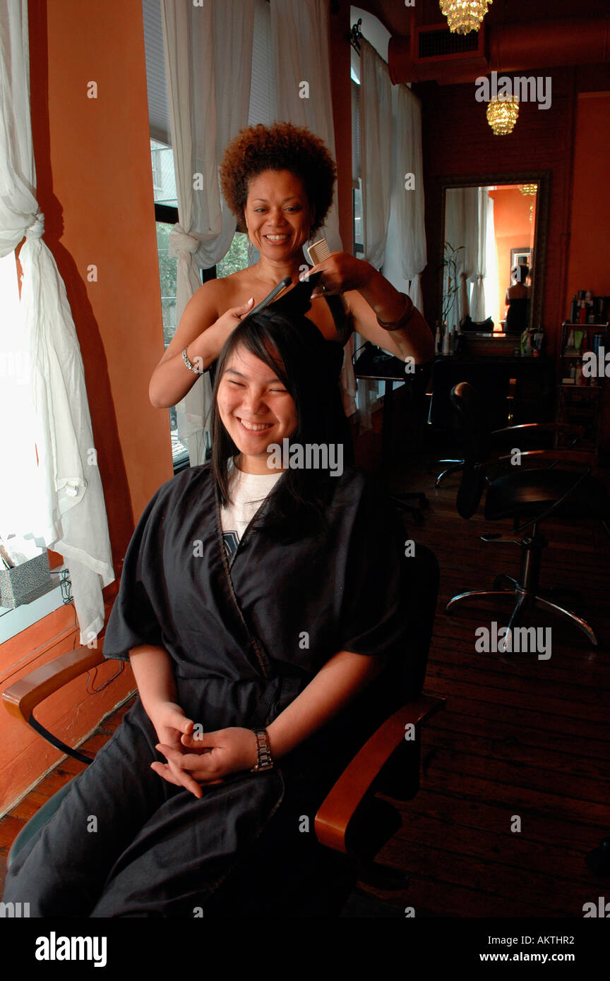 Haircutting And Styling In A Soho Nyc Hair Salon Stock Photo