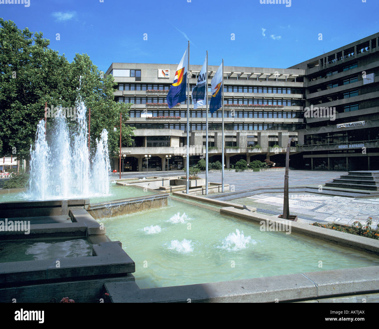 Marktplatz, Neues Rathaus, Brunnen, Fontaene, Wasserspiele, Pforzheim, Enz, Nagold, Wuerm, Schwarzwald, Baden-Wuerttemberg Stock Photo