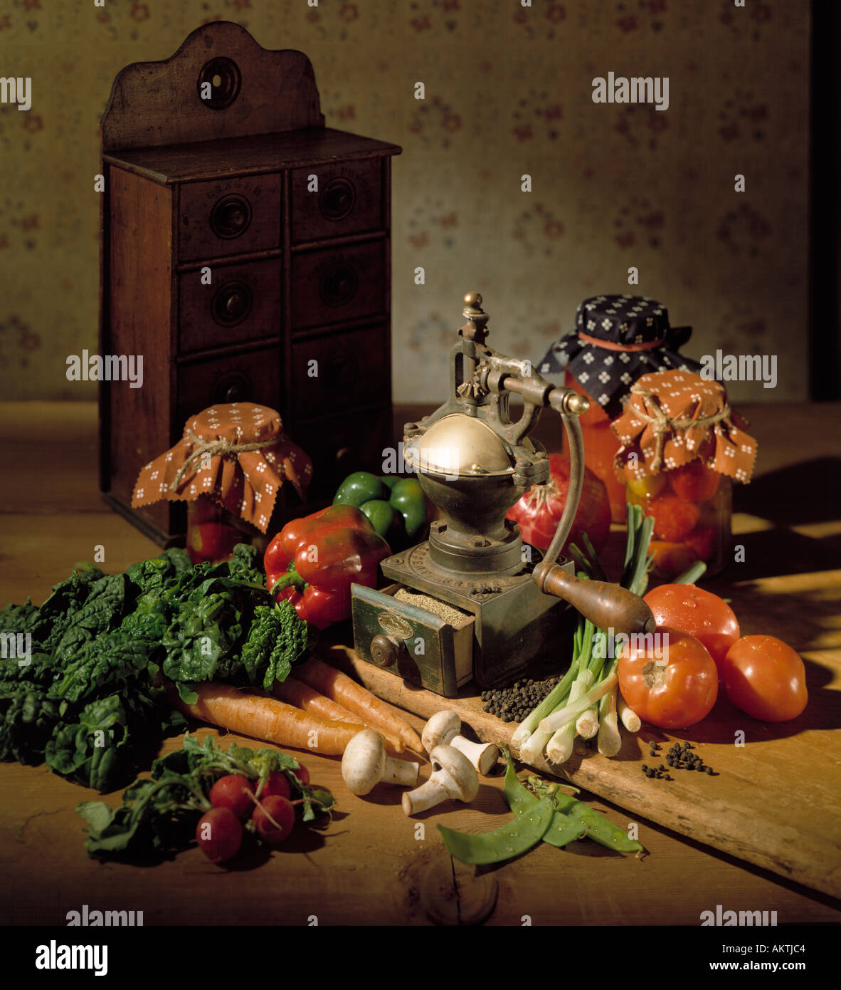 kitchen counter top food assortment antique pepper mill grinder