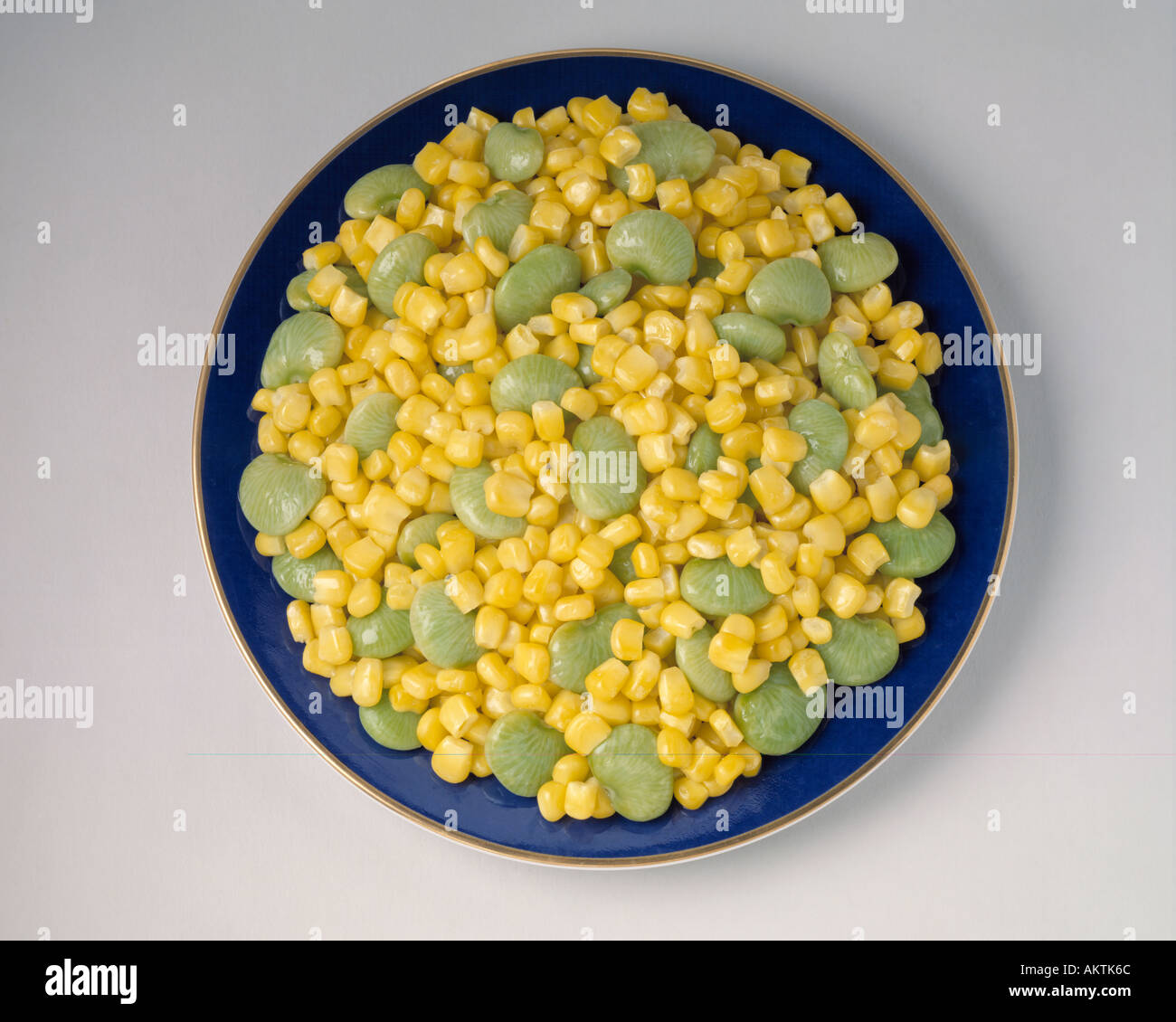 medley of green lima beans and golden yellow corn on blue gold rim