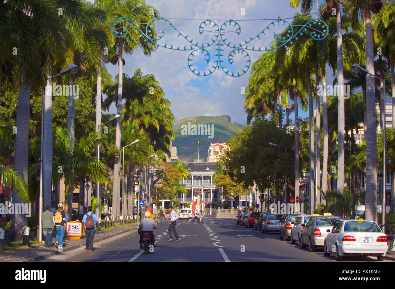 'Place d'Armes' leads to Statue of 'Queen Victoria' outside 'Government House' 'Port Louis' 'Mauritius' Stock Photo