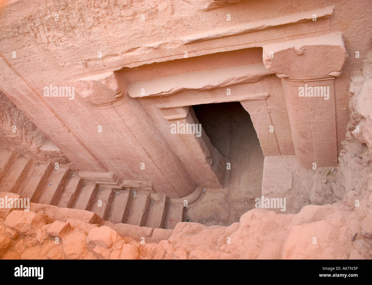 A lower level of the famous Treasury of Petra found by archaeologists early in the 21st century Stock Photo