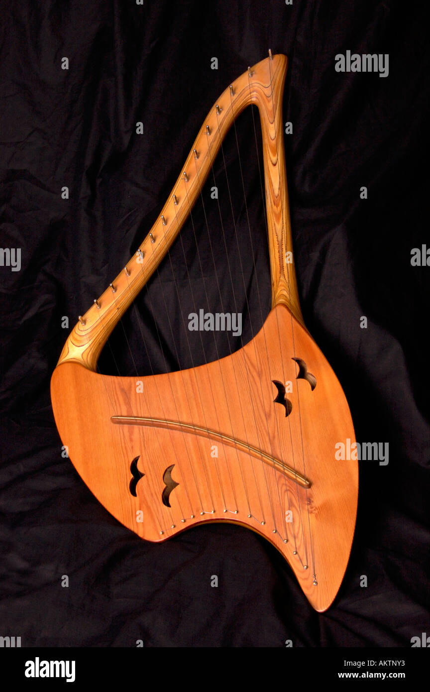 Handcarved wood pentatonic lyre Stock Photo