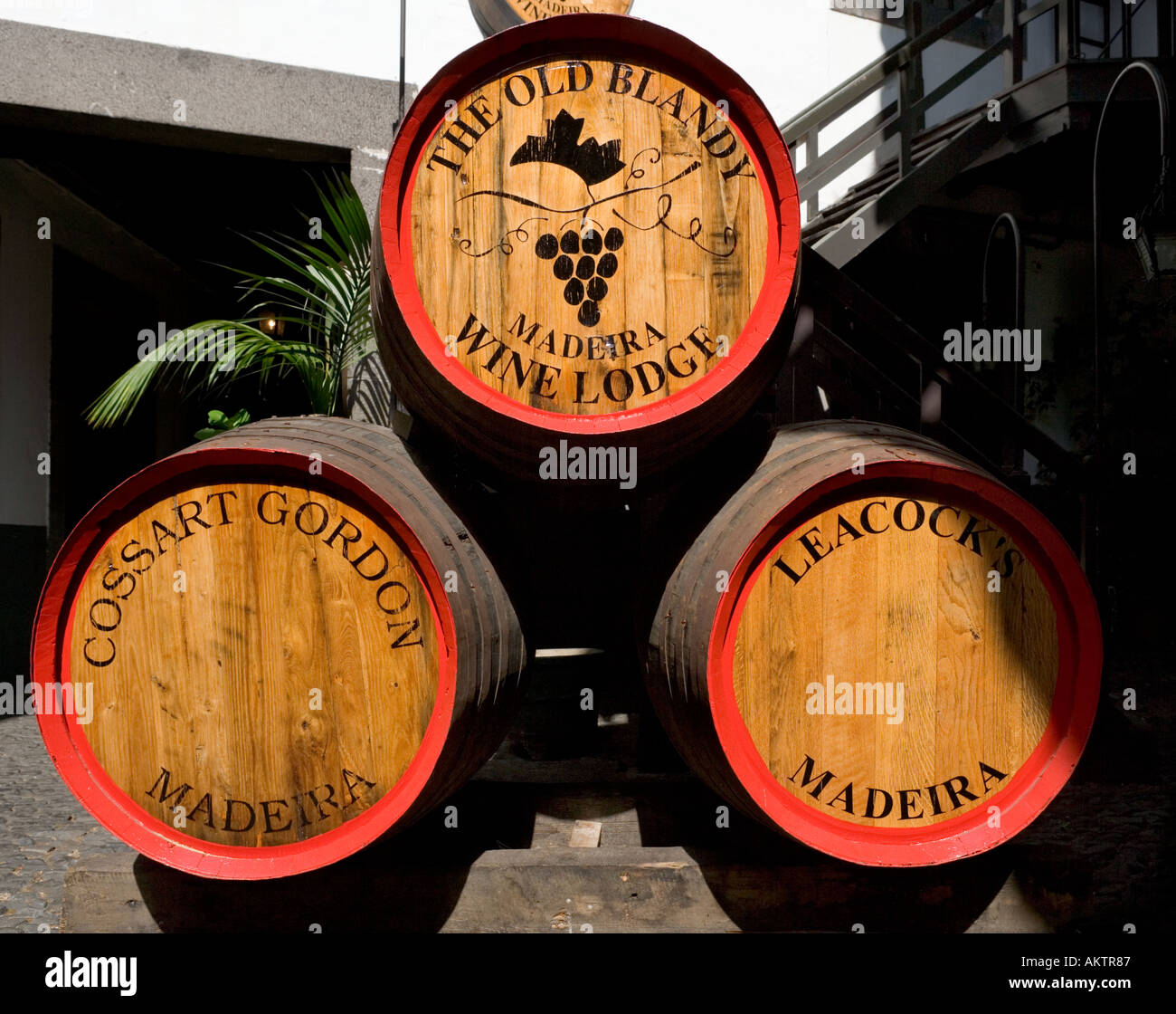 Three barrels in the courtyard of the Old Blandy Madeira Wine Lodge