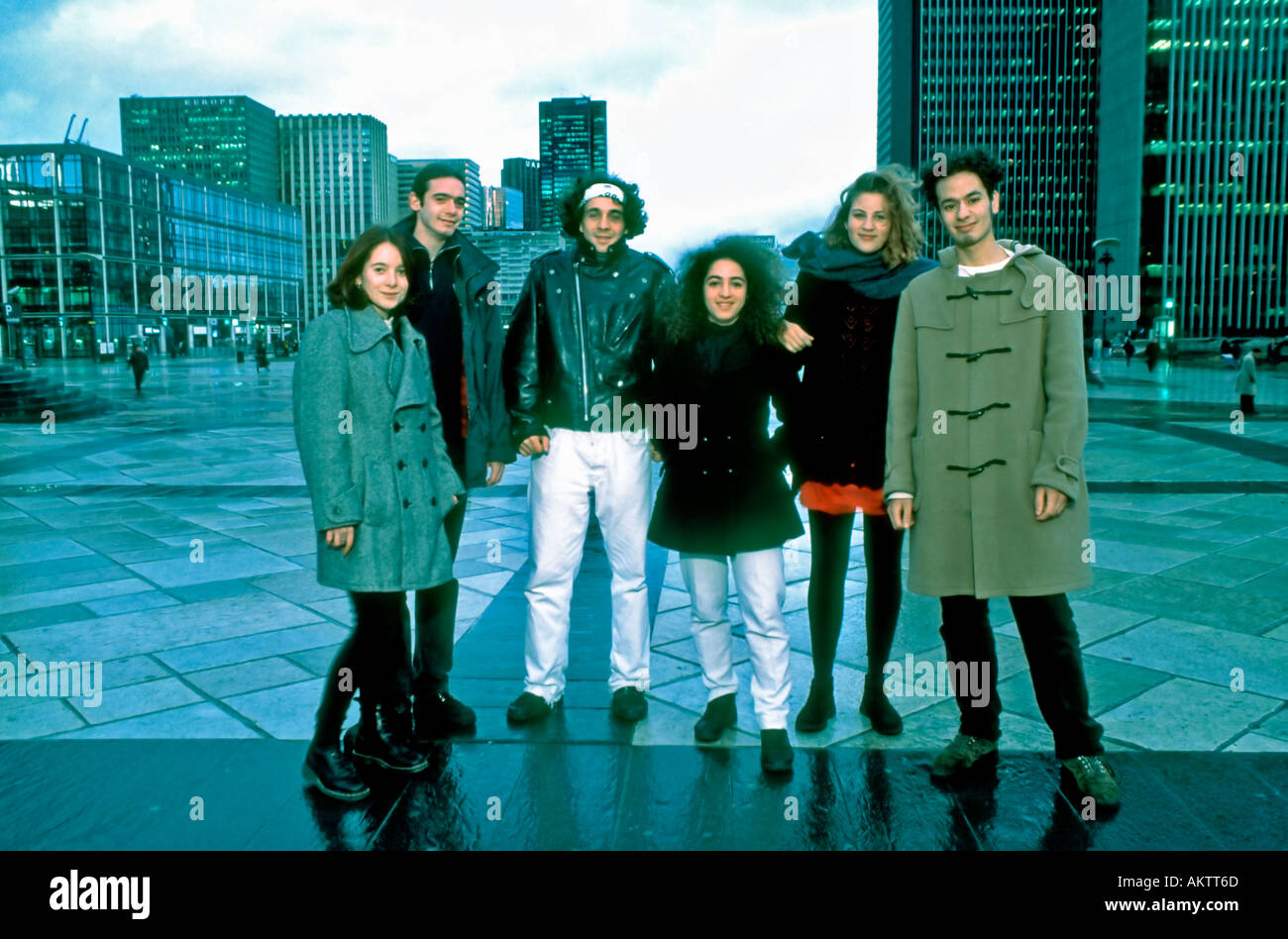 Paris France, multiracial teens Group French Teenagers, Friends Posing Portrait, teenage french college students, front, outside Stock Photo