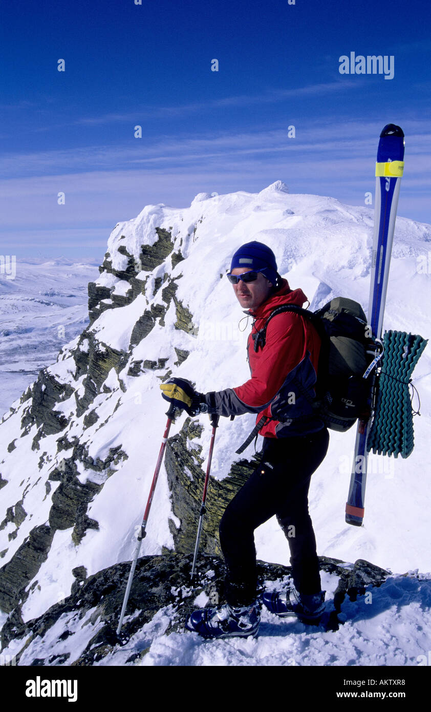 Ski mountaineer standing on the top. Mount Sålekinna, Hedmark ...