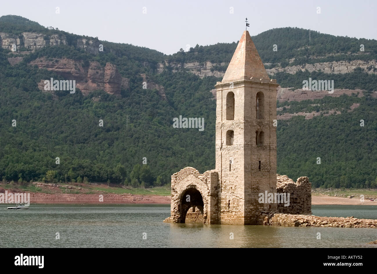 In the Water reservoir of Sau people can see the ruins of an old church because of the little volume of drinkable water Stock Photo