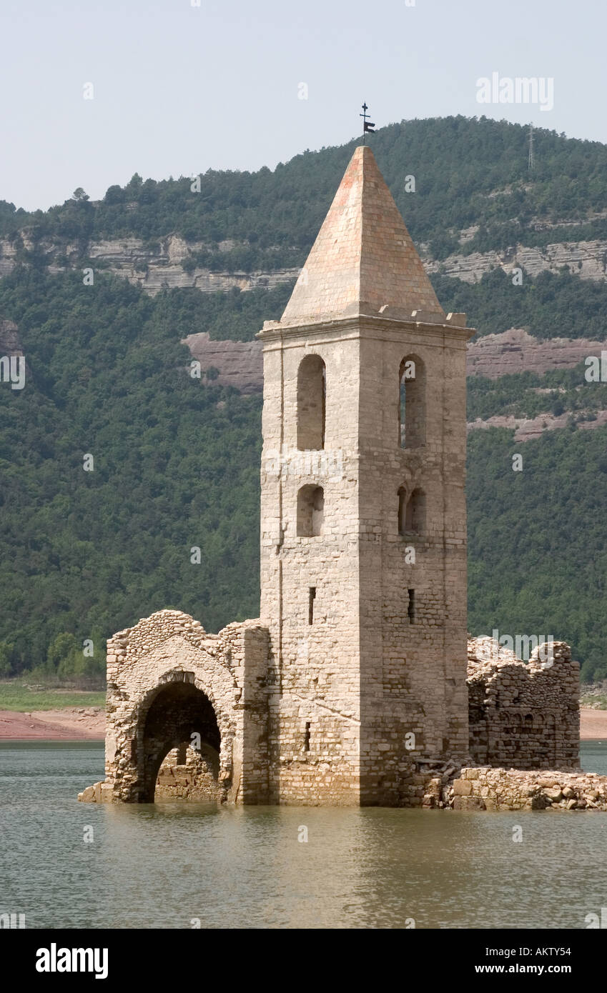 In the Water reservoir of Sau people can see the ruins of an old church because of the little volume of drinkable water Spain Stock Photo