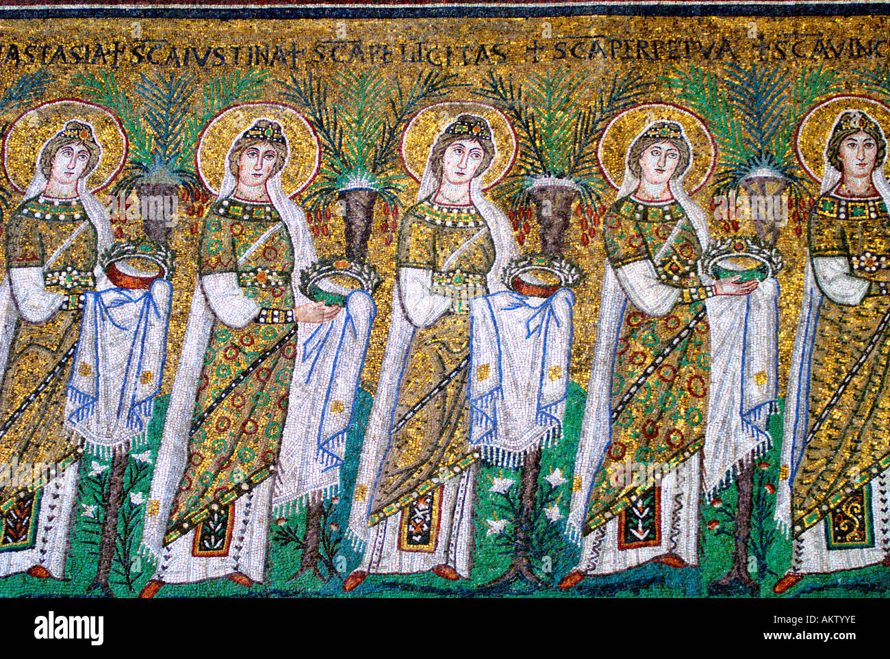Ravenna Italy 6th C AD mosaics depicting holy virgins bearing offerings to the Virgin Basilica