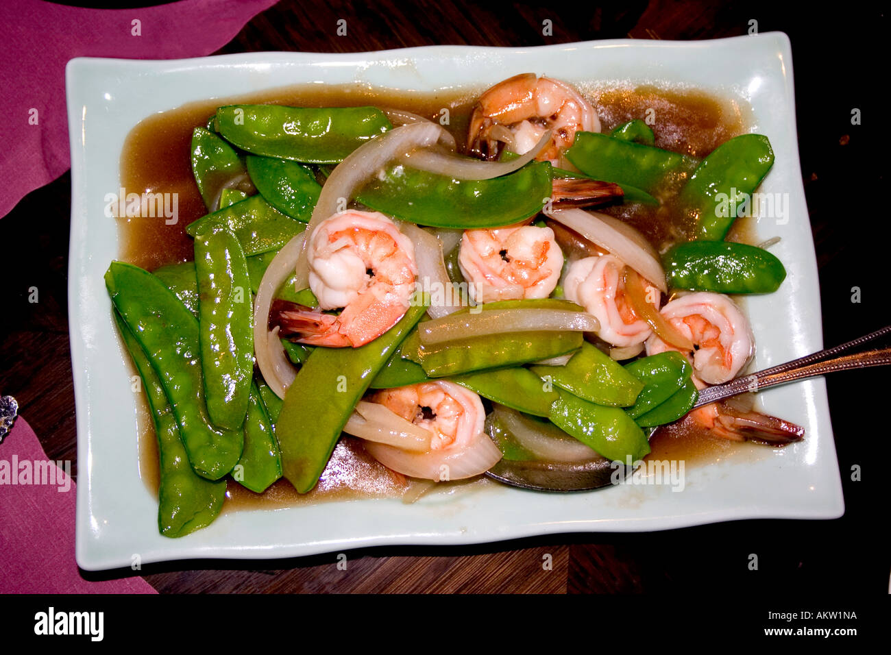 Shrimp and pea pod entrée at the Mai Village restaurant specializing in
