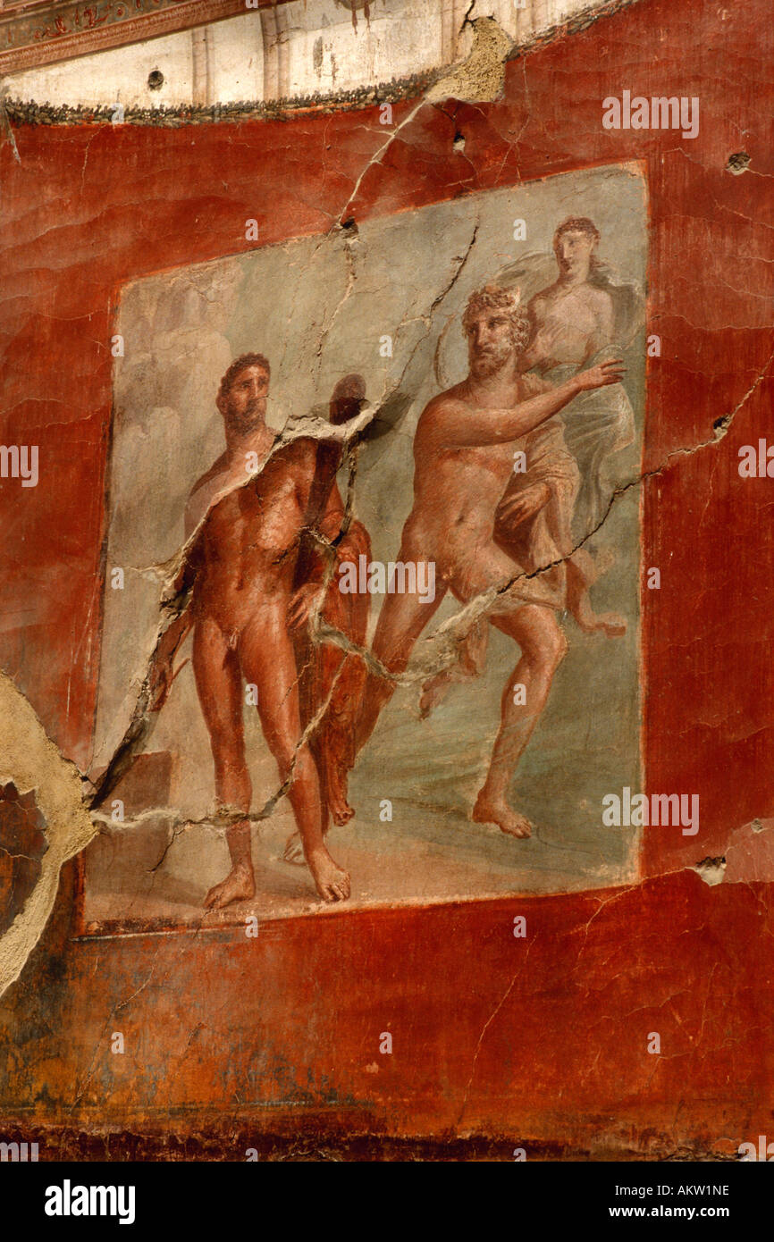 Herculaneum. Campania. Italy. 1st century A.D fresco depicting Heracles and Achelous in the Collegio degli Augustali (Hall of the Augustales). Stock Photo