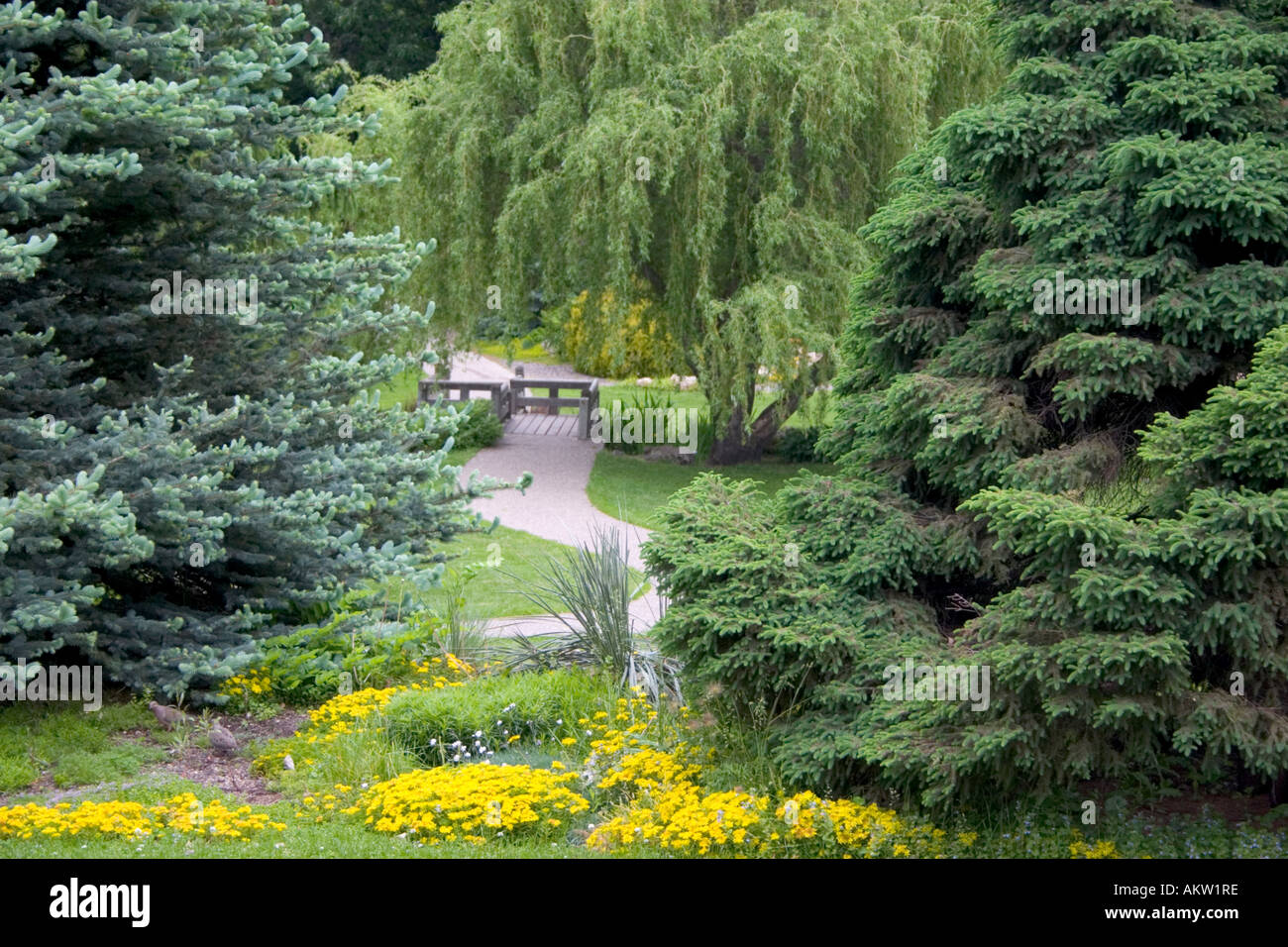 Path to the wooden foot bridge in the Lyndale Park Peace Garden. Lyndale Park Peace Garden Minneapolis Minnesota MN USA Stock Photo