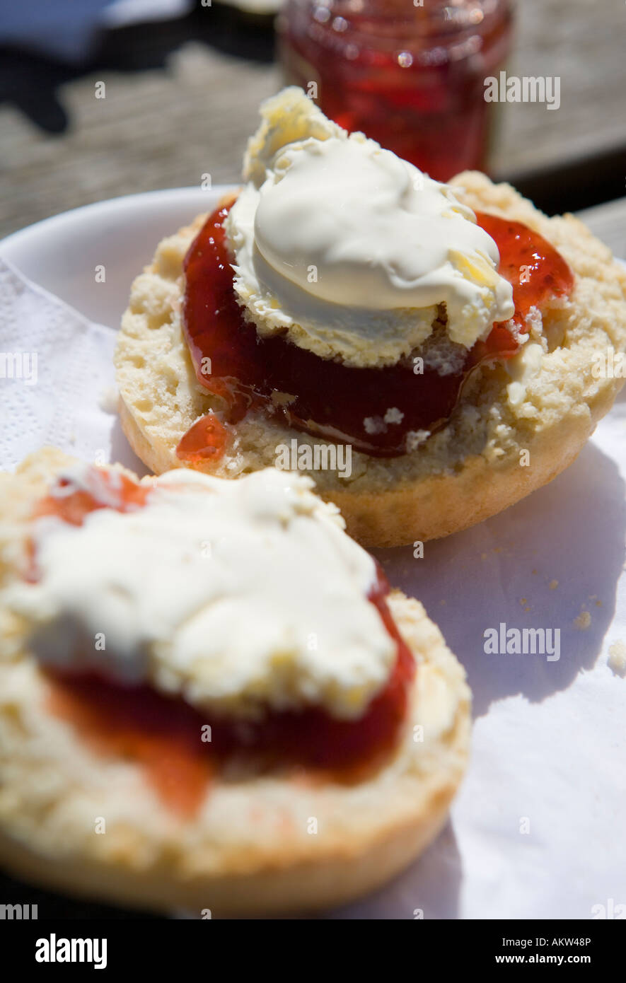 Traditional British cream tea with scones, jam and cream Stock Photo
