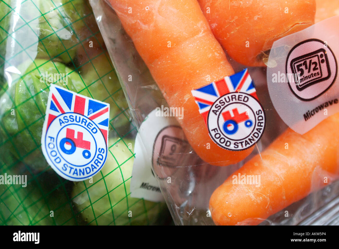 British Assured Food Standards label on a packet of fresh vegetables in the UK. Stock Photo