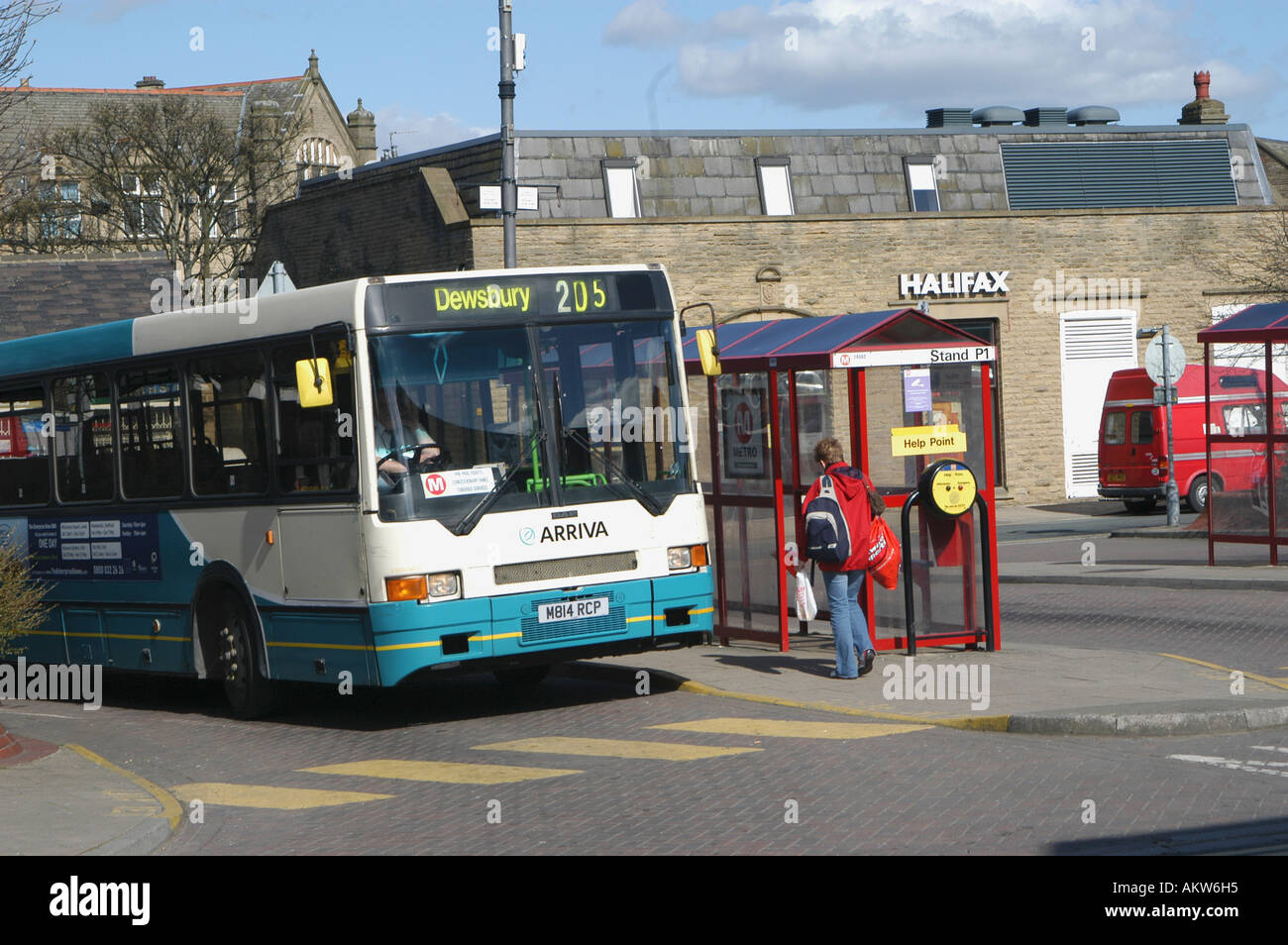 Arriva bus bound for Dewsbury waiting at a bus station in Pudsey North Yorkshire England Stock Photo