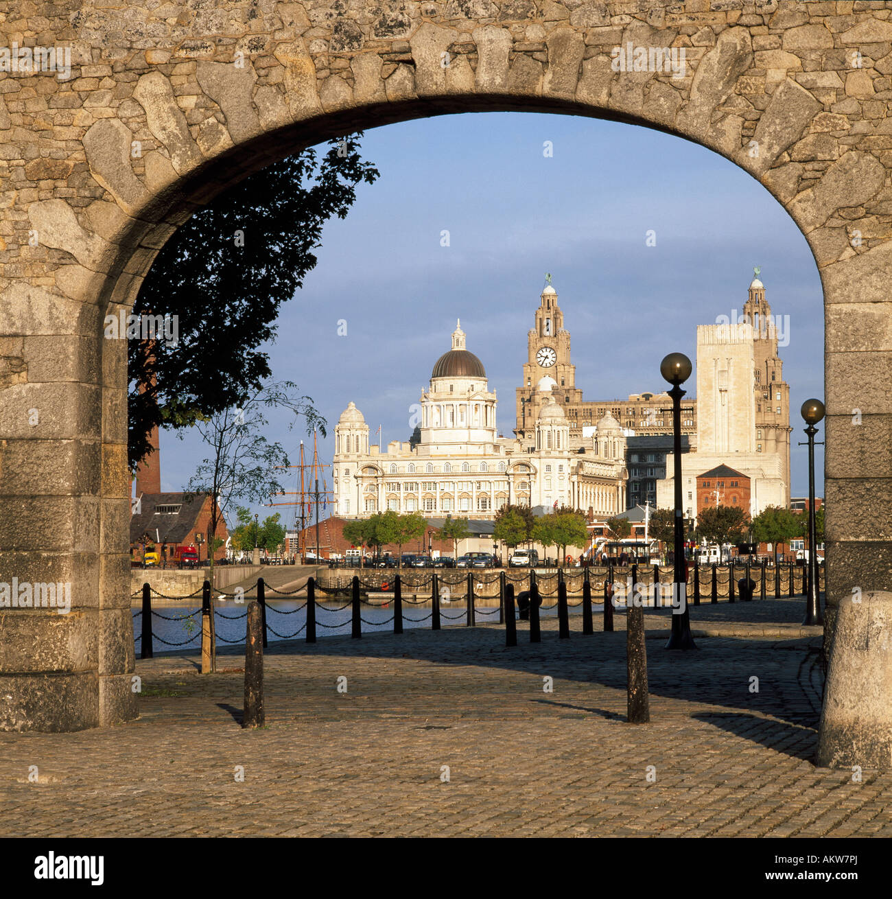 Looking through arch at Liverpool dock buidings. Stock Photo