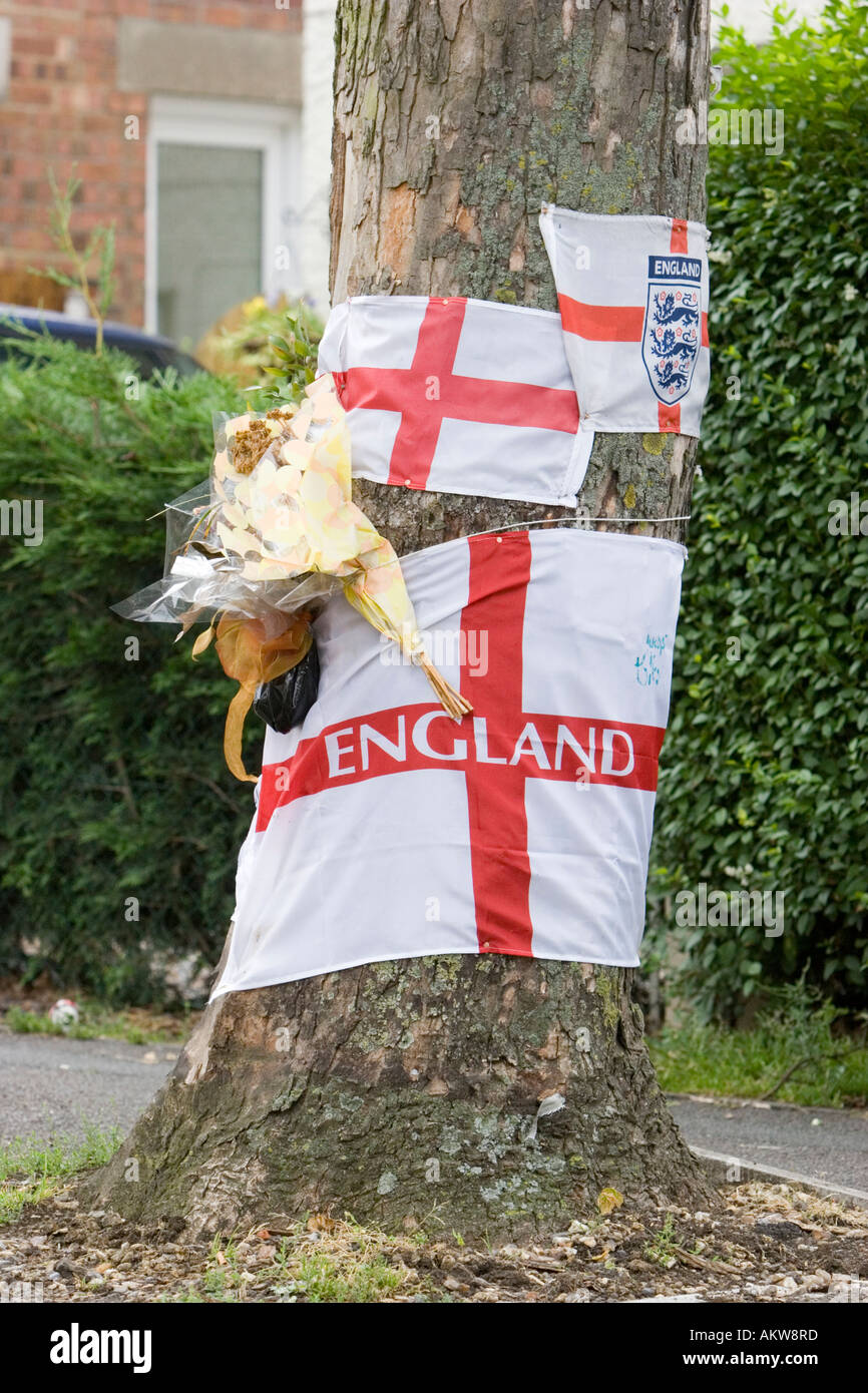 Roadside shrine a tribute to an England football fan killed in a road