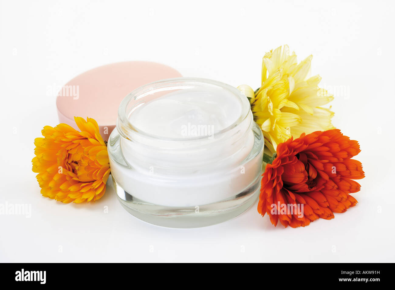 Marigolds and marigold cream, close-up Stock Photo