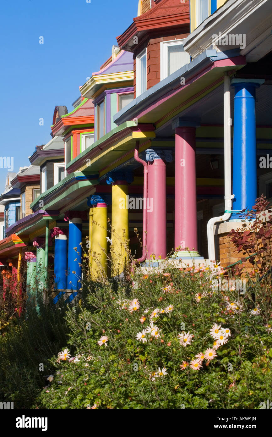 Colorful gaily painted row homes Guilford Avenue Waverly neighborhood