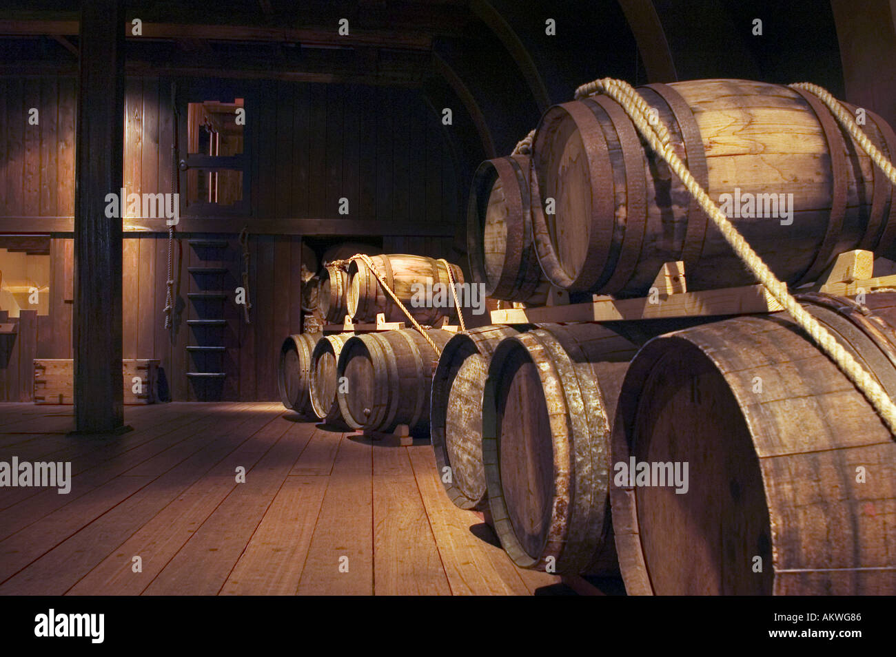 oak barrels in the ship Amsterdam at the maritime museum in Amsterdam