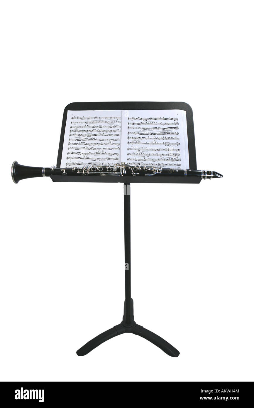 Clarinet on music stand isolated on white Stock Photo