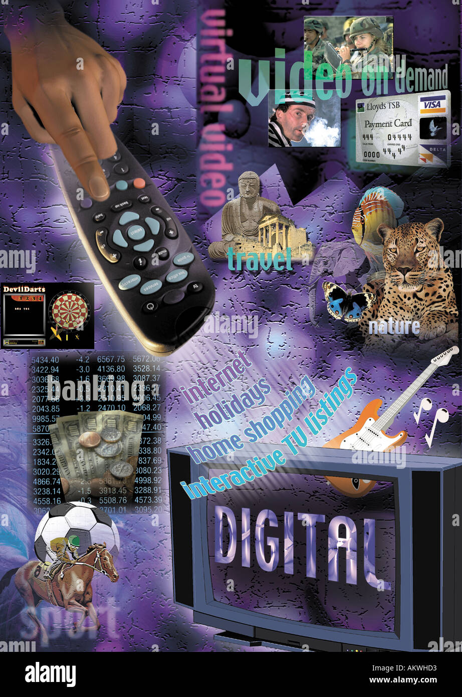 digital tv illustration showing tv remote control various lifestyle programs interconnecting communicating Stock Photo