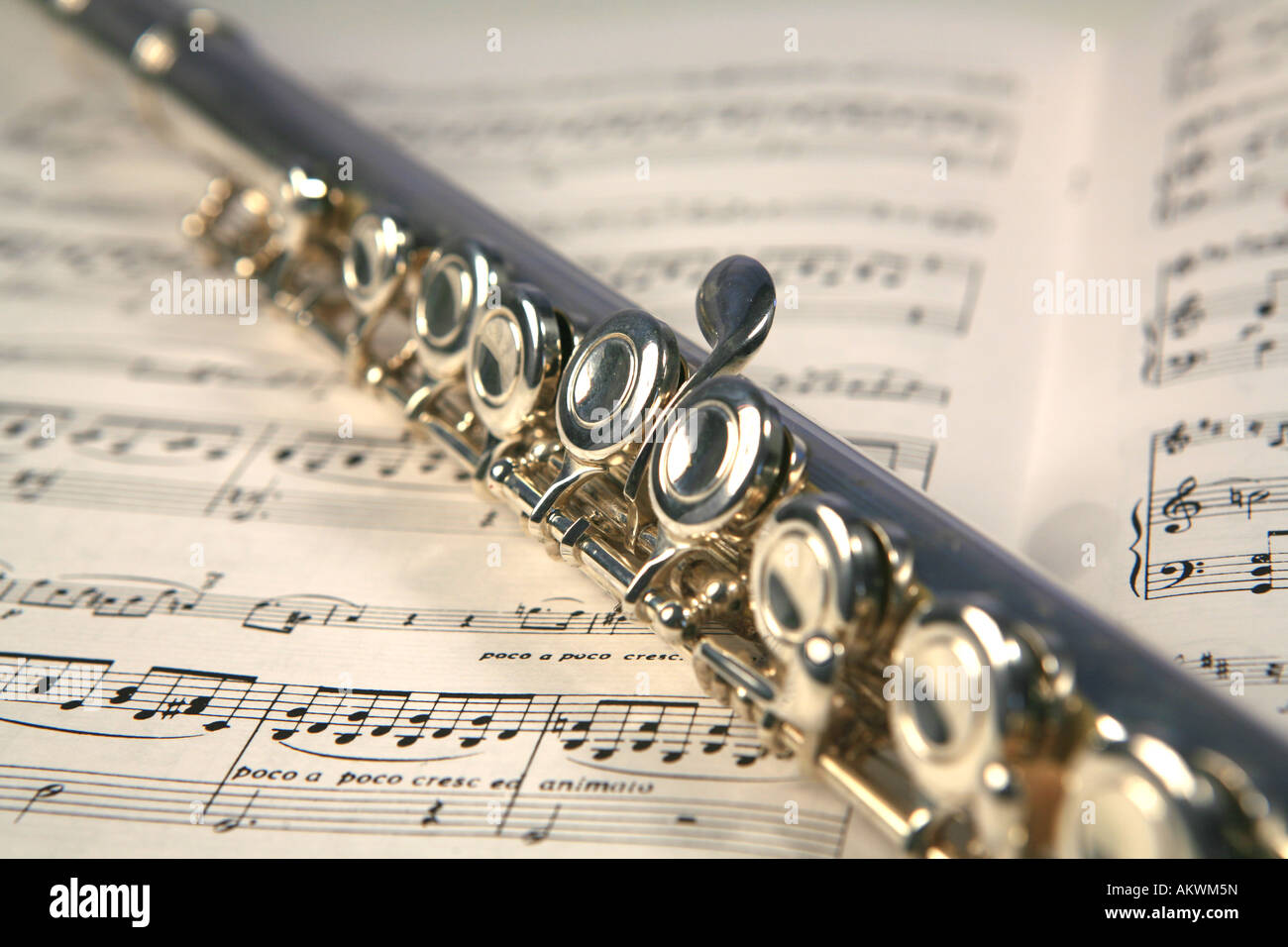 Silver flute on sheet music Stock Photo Alamy