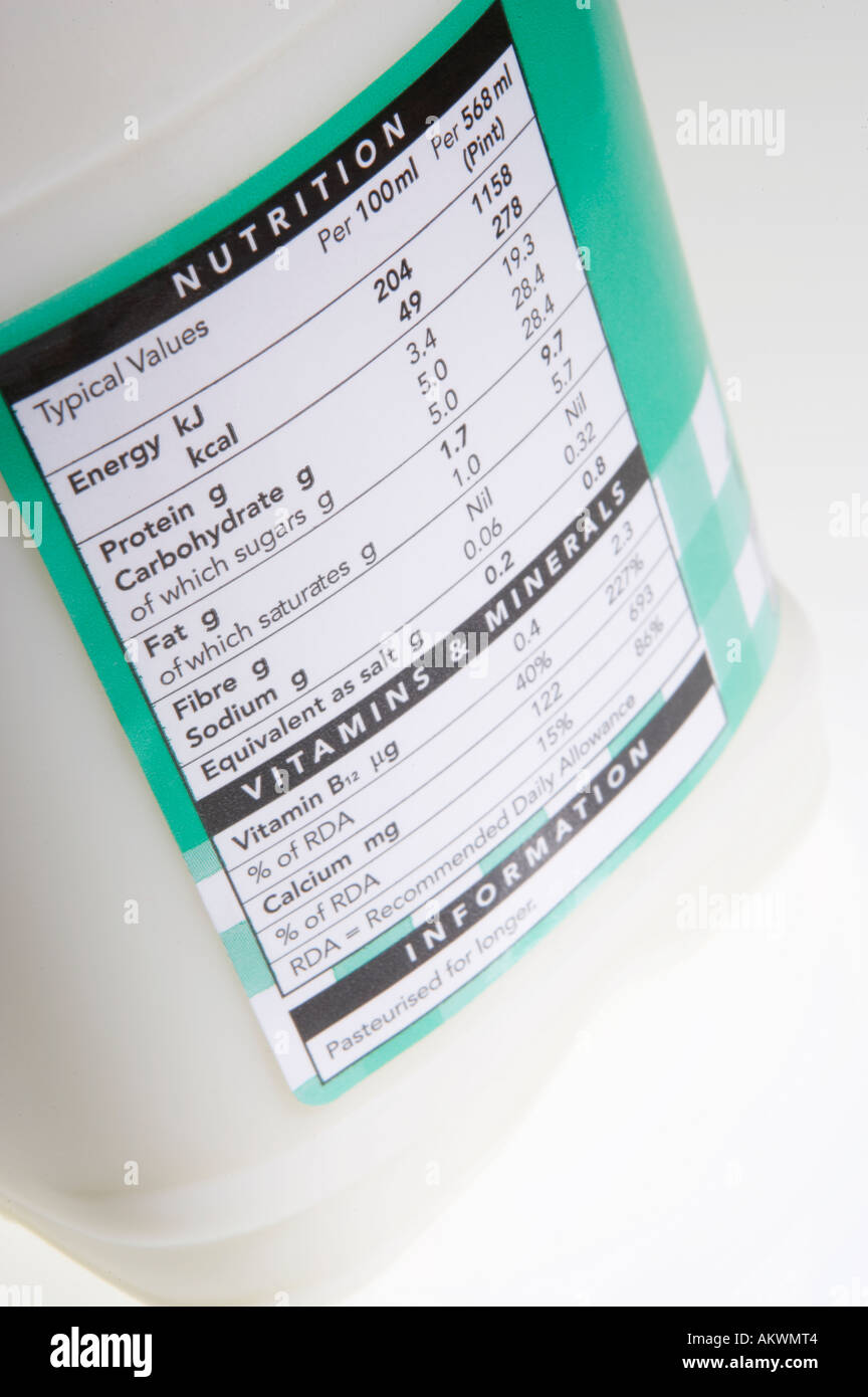 NUTRITIONAL INFORMATION ON PLASTIC CARTON OF SEMI SKIMMED MILK Stock Photo