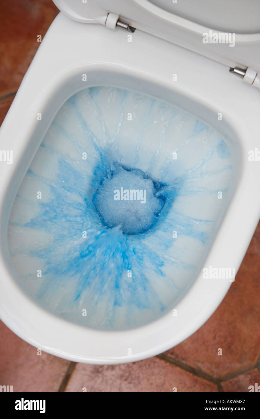 WATER AND BLUE BLEACH FLUSHING DOWN LAVATORY BOWL Stock Photo Alamy