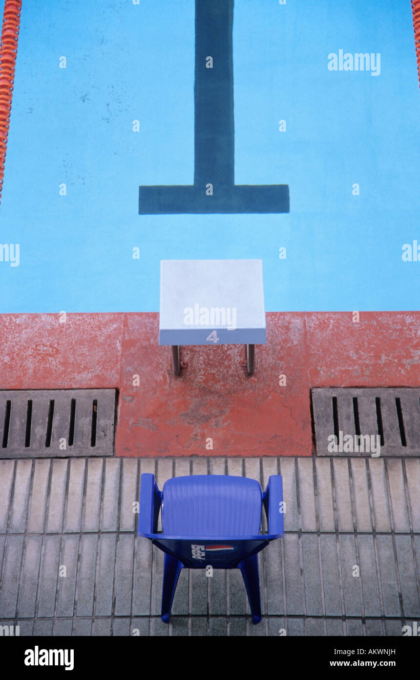 Starting block in swimming stadium, close-up Stock Photo