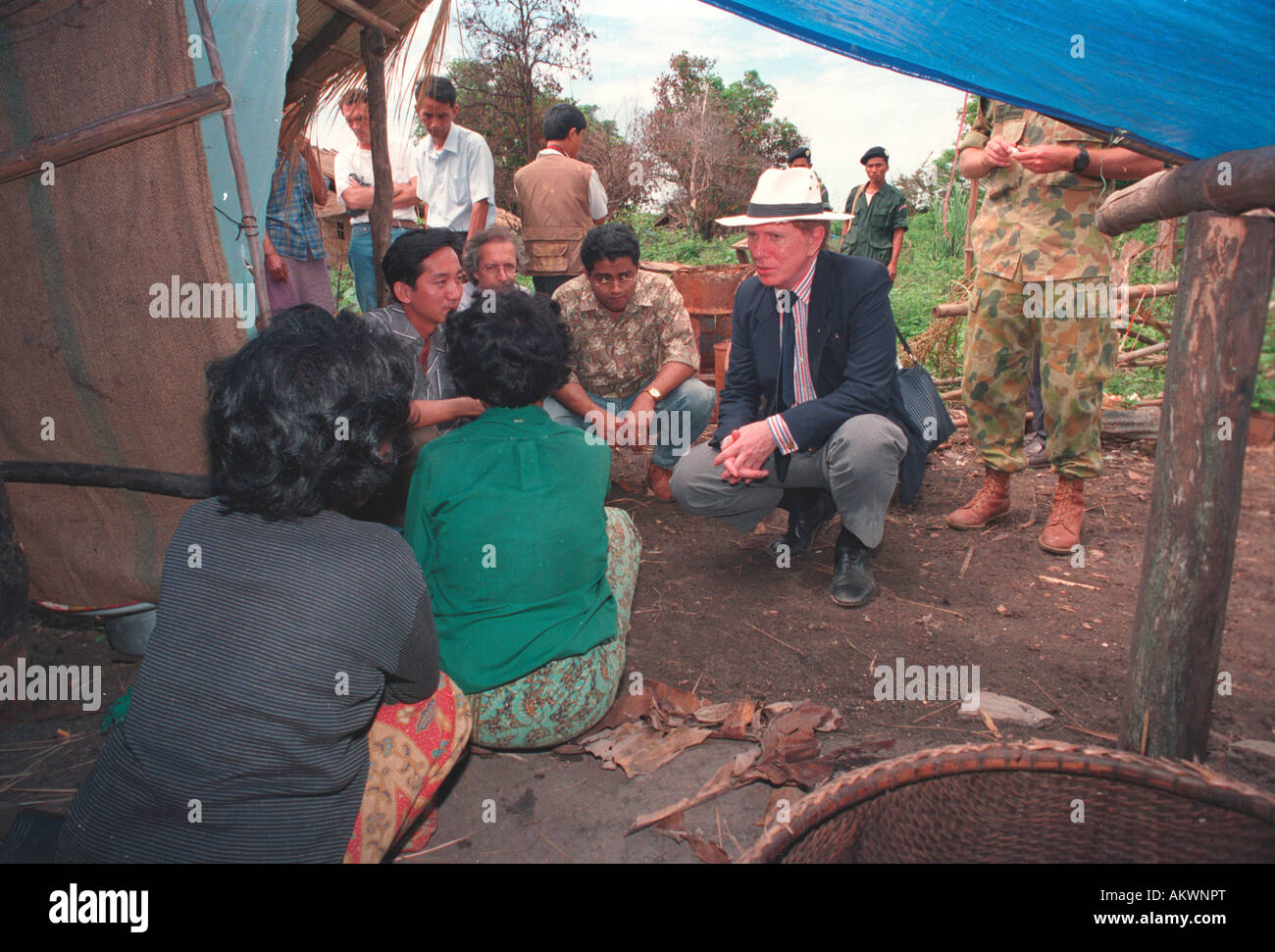 Cambodia, Battambang, Un-identified Australian politician visiting zone of Cambodians displaced by continued fighting. Stock Photo