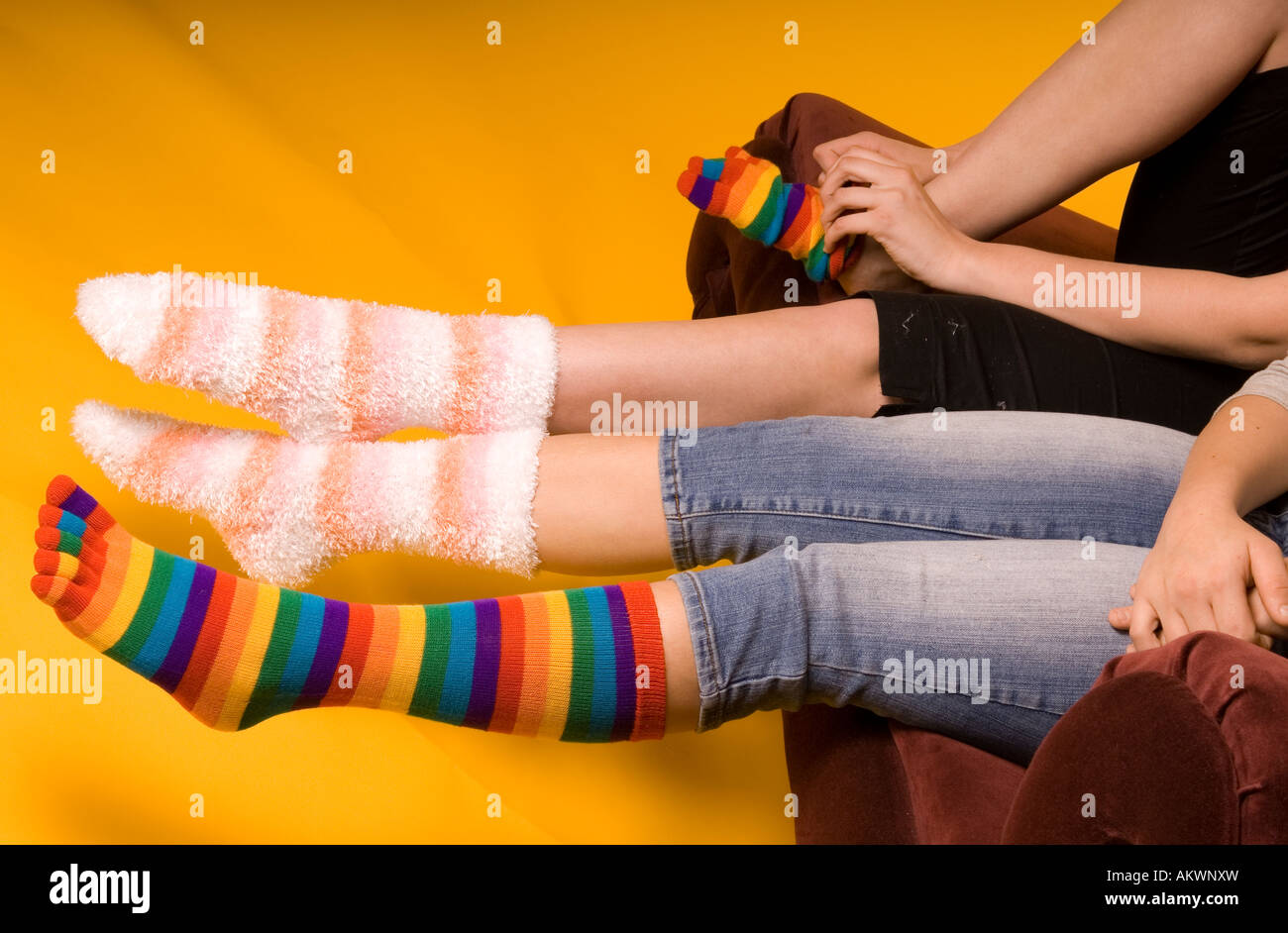 Two Teen Girls 1517 Wearing Colorful Mismatched Socks USA Stock
