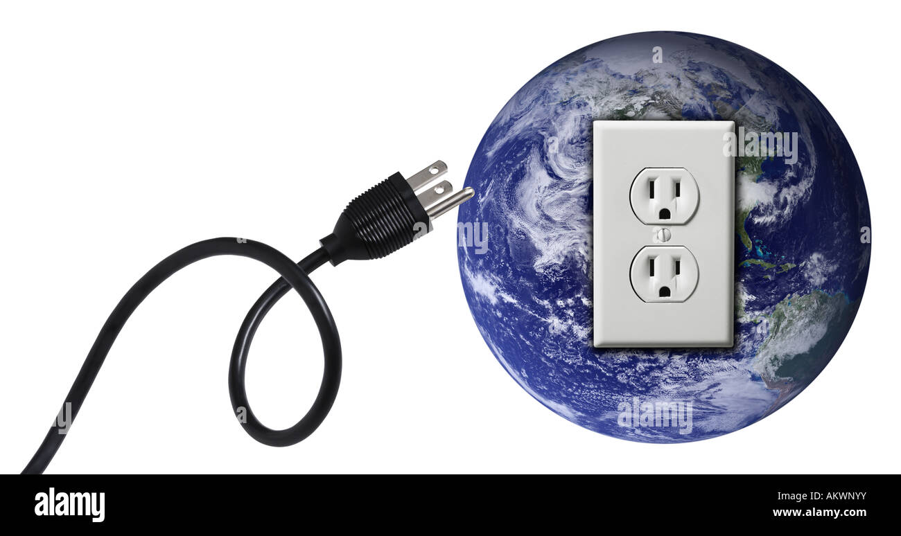 Plugging into earth cut out on white background Stock Photo