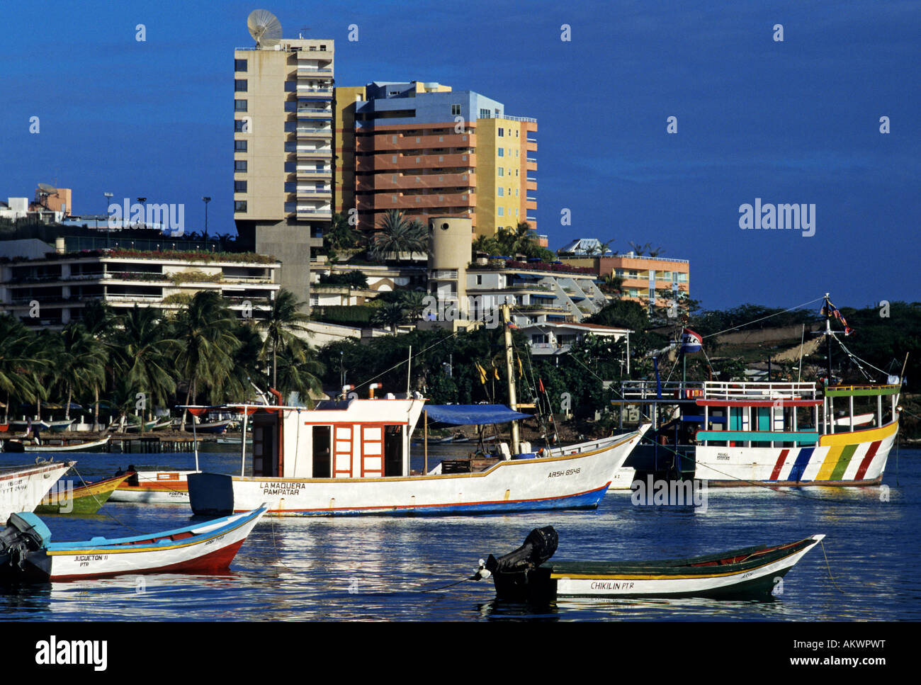 Venezuela, Nueva Esparta State, Margarita Island, Pampatar harbour and hotel trade in the background Stock Photo