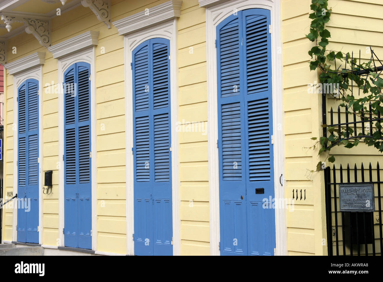 Colorful shutters on houses in French Quarter of New Orleans Louisiana